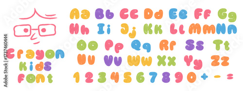 Colorful crayon kids alphabet with uppercase and lowercase letters. Hand drawn playful wax crayon font.