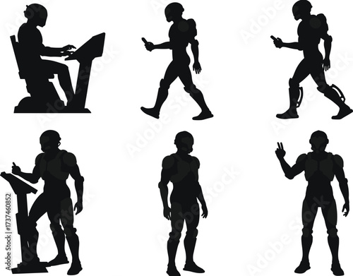 Humanoid robot silhouette, AI worker, futuristic machine, walking robot, touchscreen interaction, 