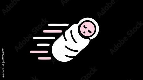 Simple vector illustration of a swaddled newborn baby with speed lines, symbolizing fast delivery or rapid arrival on a black background