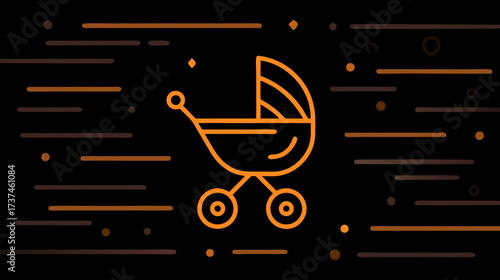 Modern orange neon line icon of a baby stroller or pram with glowing abstract elements. Parenthood, newborn care, childhood concept.