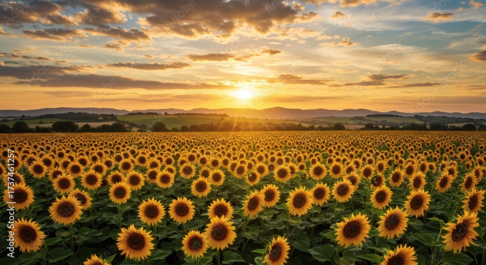 Obraz premium Sunkissed Sunflower Field at Sunset Golden Hour Over a Vibrant Meadow.