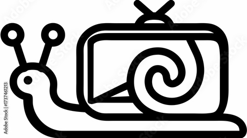 Black outline icon of a snail carrying an old television as a shell, representing slow media, outdated technology, slow internet speed, and buffering.