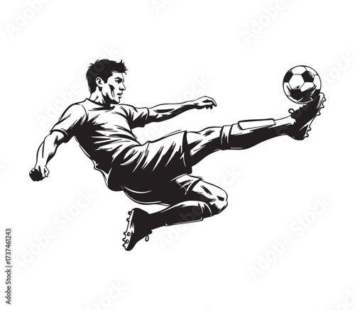 Dramatic overhead sideways scissor kick on a ball by soccer athlete. abstract black and white Vector brush illustration