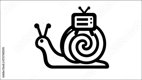 Slow media delivery concept with a snail carrying a vintage television set, illustrating outdated technology and slow internet connection.