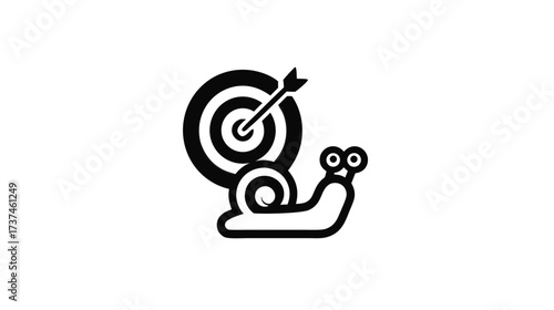 Black and white vector icon: Snail with target and arrow, representing slow but steady progress, challenging goals, and determination.