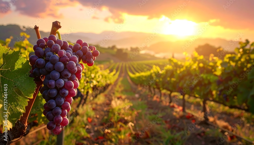 Naklejka premium Vineyard at sunset, ripe grapes in foreground
