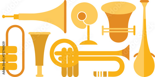 Vector icons bundle 30 brass band instruments trumpet trombone for music and orchestra