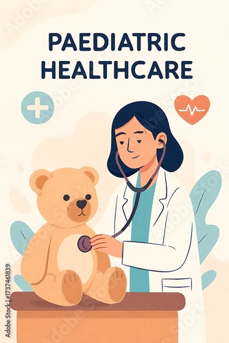 Female pediatrician examining a teddy bear with a stethoscope, illustrating the concept of pediatric healthcare.