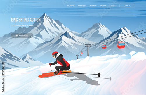 Epic Skiing Action vector illustration with abstract nature elements, including lifestyle, character, and background. Ideal for sport, hobby, and landscape content.