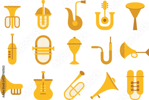 Bundle of 30 scalable vector brass instrument icons for music and entertainment projects