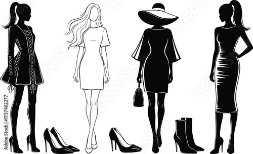 Fashion silhouettes, stylish women, trendy outfits, high heels, ankle boots, modern elegance, dress styles, female fashion, chic poses, accessories