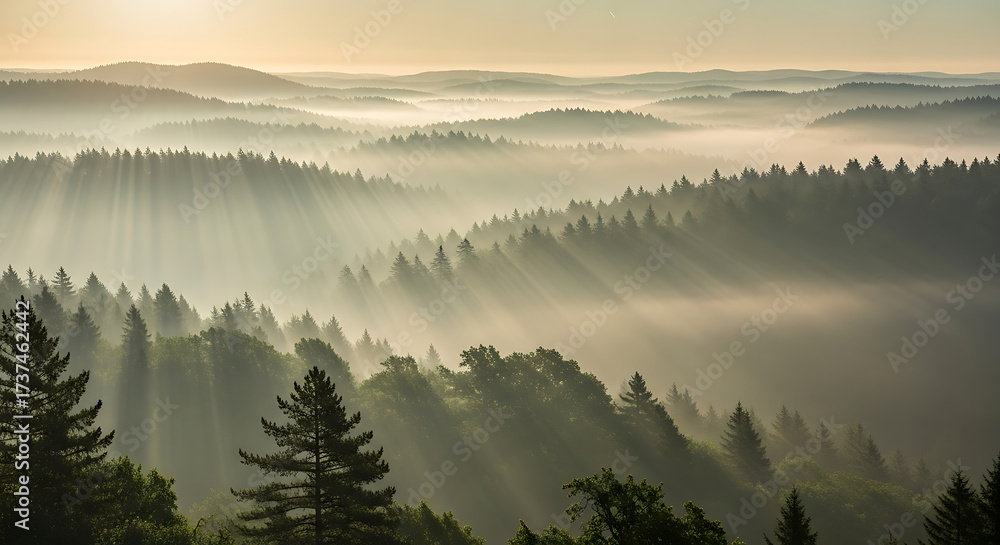 Obraz premium Misty Forest with Morning Sunlight Over Rolling Hills