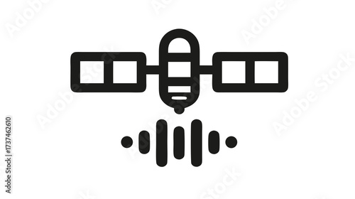 Satellite Communication Icon with Signal Waves, Global Network Connectivity, Space Technology, Broadcasting, Digital Line Art