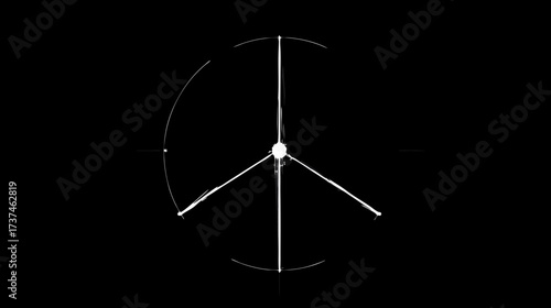 Digital white peace symbol rotating on black background. Abstract graphic animation of global harmony, anti-war movement, and unity.