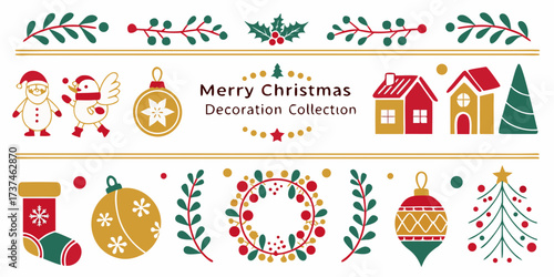 Cute cartoon Christmas icons set featuring vector gift boxes, holiday trees, and New Year celebration decorations for a happy winter party design