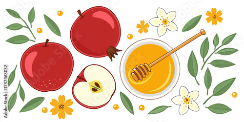 An autumnal vector illustration set of fresh fruit, healthy food, and leaves with easter eggs and tulips
