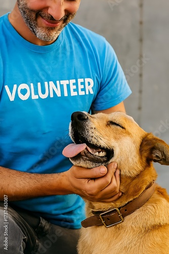 A smiling volunteer gently pets a happy dog, showing affection and care.