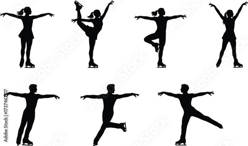 Figure skating silhouette set, male and female poses, athletic motion, black illustration, vector art, white background, graceful movement concept