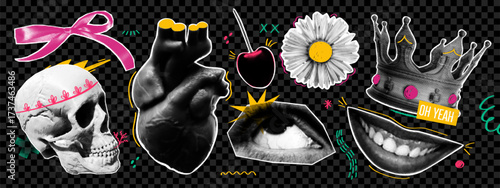 Halftone collage set with retro pop art elements. Skull, bow, human heart, cherry, crown and mouth with dotted texture. Punk design elements.