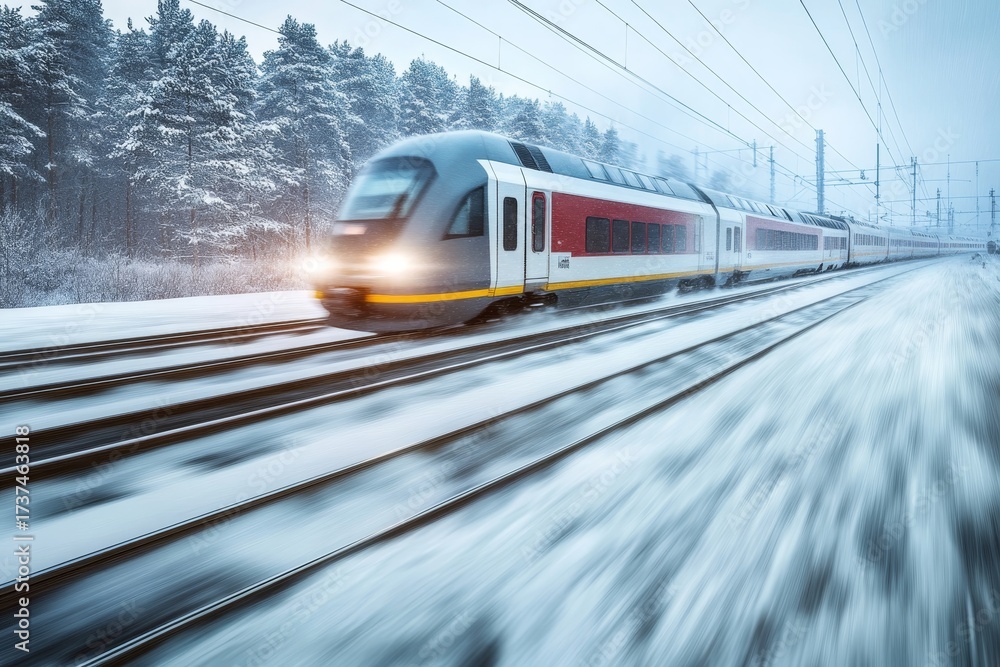 Naklejka premium High Speed Express Train Traveling Through a Winter Wonderland of Freshly Fallen Snow and Ice