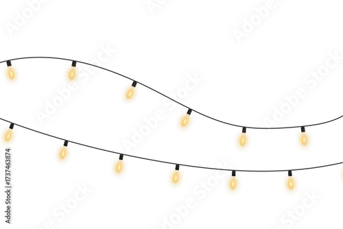 Christmas and New Year garland with glowing lamps, isolated string lights for holiday decorations, party backgrounds, cards, invitations, event posters, wedding celebrations, and decorative design use