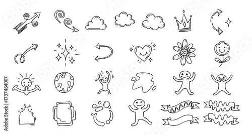 Line icon cute element set. Doodle line color icon decorative arrow, cloud, crown, sparkle and flower. Hand drawn heart, sketchy figure, funny outline and cartoon ribbon for kids. Vector illustration