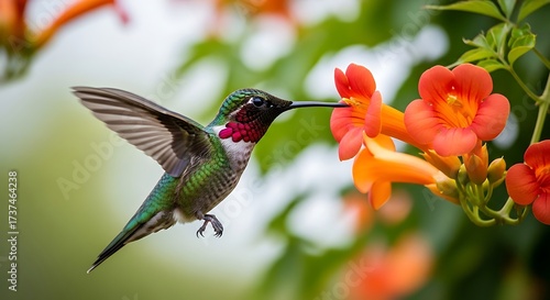 Hummingbird sipping nectar from trumpet vine flowers in vibrant garden.