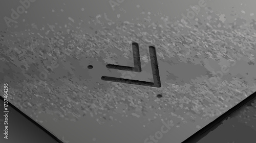 Dark industrial textured surface with geometric cutout design, abstract modern background featuring angular shapes and rough metallic appearance.