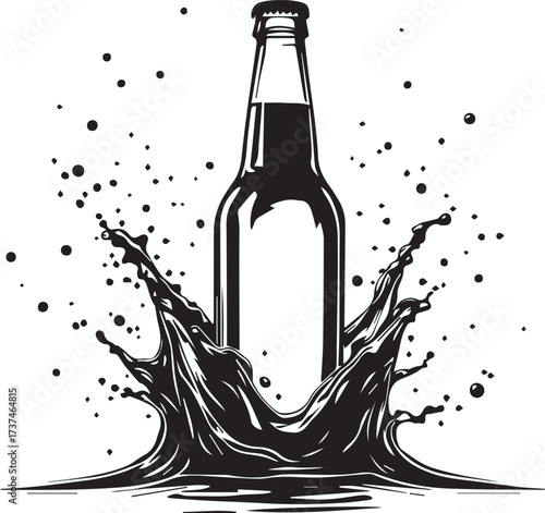 Glass Bottle Splash Vector with Liquid Waves and Droplets – Black and White Beverage Motion Design