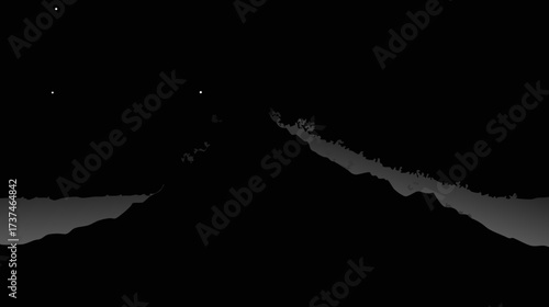 Dark night sky over a majestic mountain range silhouette with faint stars, creating a serene and vast landscape scene