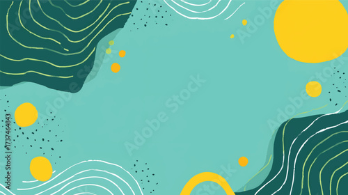 Abstract background with sun, waves, and dots in yellow and teal.