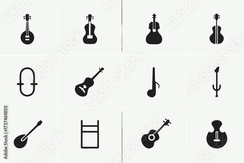 Bundle of 30 electric string instrument icons scalable vector graphics for eps