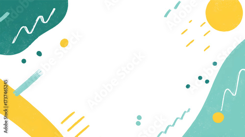 Abstract background with sun, waves, and dots in yellow and teal.