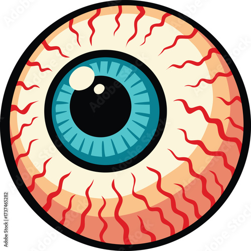 Scary blue eyeball with red veins isolated on black spooky background