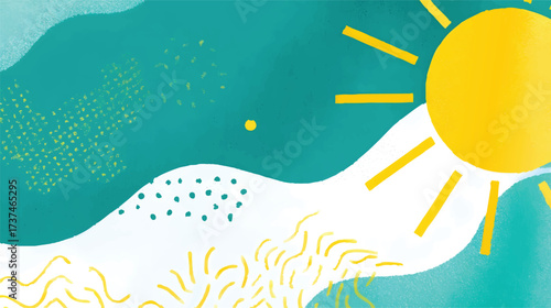 Abstract background with sun, waves, and dots in yellow and teal.