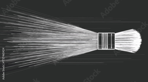 Abstract monochrome illustration of bright radiating light rays or data streams emanating from a central point, symbolizing technology, energy, and connection.