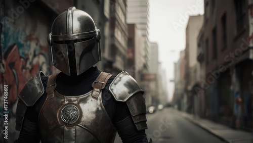 Person in Mandalorian armor in urban setting