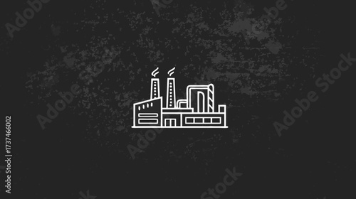 Industrial Factory Building Line Art Icon on Dark Textured Background - Manufacturing Plant Production Symbol Graphic