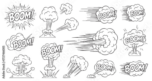 Line speed cartoon effect, comic smoke motion line element set. Comic boom motion, explosive energy, line speed cartoon vector icon. Hand drawn sketch doodle action effect. Vector illustration