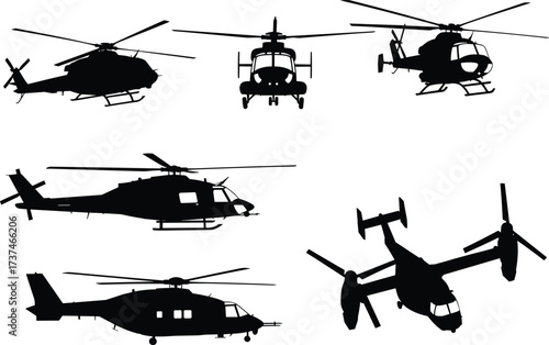 Helicopter silhouette collection, tiltrotor aircraft, aviation icons, rotorcraft shapes, black vector helicopters, isolated transport, military, rescue, flight, air mobility
