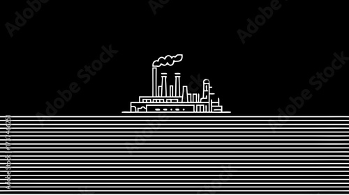 Modern industrial factory complex outline illustration, depicting production, energy, and technology with abstract lines on black background.
