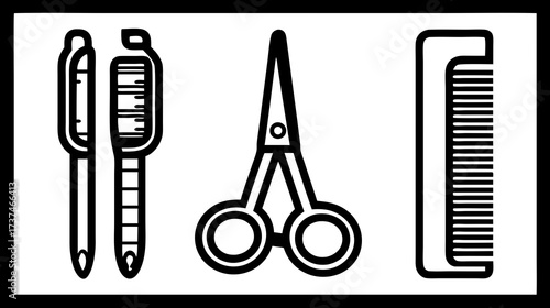 Hairdressing and beauty tools icon set: scissors, comb, and grooming brush. Minimalist black and white line art for salon and personal care.