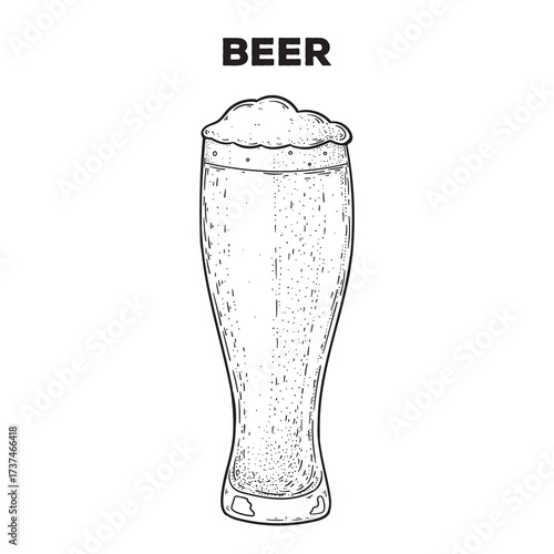 Glass of beer sketch. Hand drawn vector illustration. Gastropub, gastrobar, pub.,drink beer. Detailed design element.