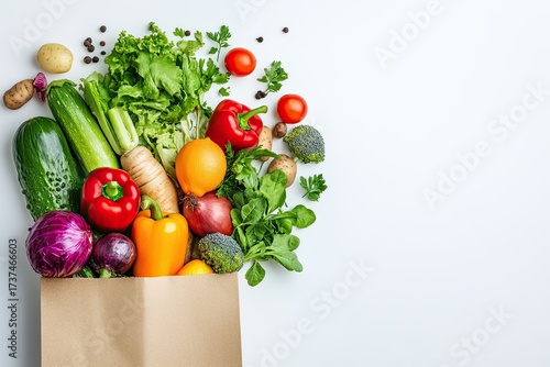 Vegetarian food in a paper bag of vegetables and fruits on white, copy space, top view. Vegetables are pouring out of the bag