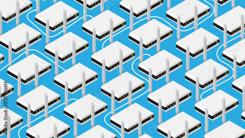 Isometric router modems for transmitting and retransmitting Internet signals. Industrial telecommunications equipment. 3D vector background top view at an angle