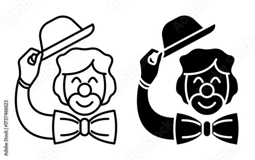 Line icon. Friendly circus clown raises his hat in greeting. Simple black and white vector isolated on white background