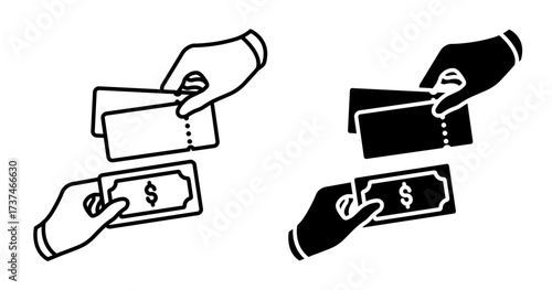 Linear icon. Cashier and a customer exchange money and sold tickets for a circus show. Simple black and white vector isolated on white background