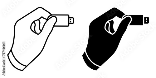 Linear icon. Programmer hand holds a USB flash drive with important information. Storage of information on removable media. Simple black and white vector isolated on white background