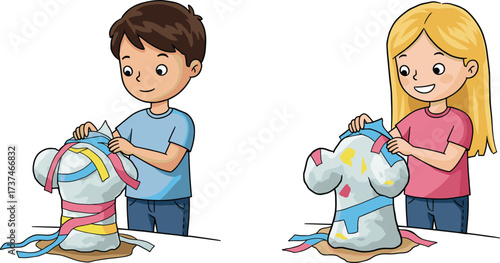 Smiling children making creative papier-mâché sculptures, happy boy and girl enjoying a fun art class or school craft project.