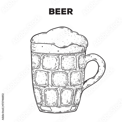Mug of beer sketch. Hand drawn vector illustration. Gastropub, gastrobar, pub.,drink beer. Detailed design element.